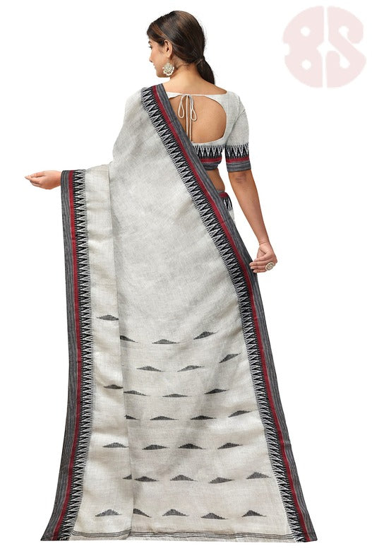 White & Black Premium Handloom Linen Saree with Woven Border