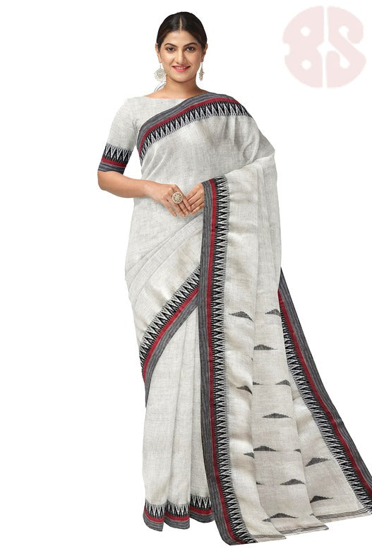 White & Black Premium Handloom Linen Saree with Woven Border