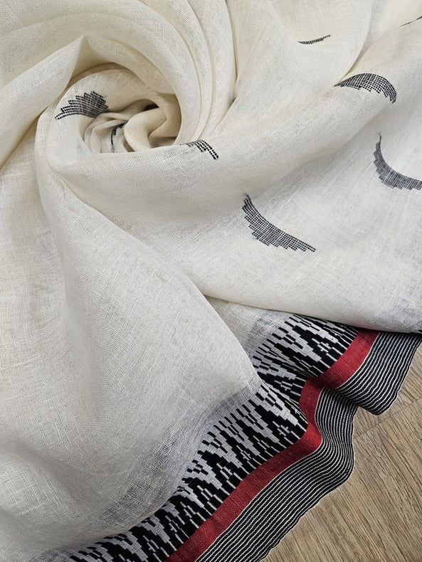 White & Black Premium Handloom Linen Saree with Woven Border