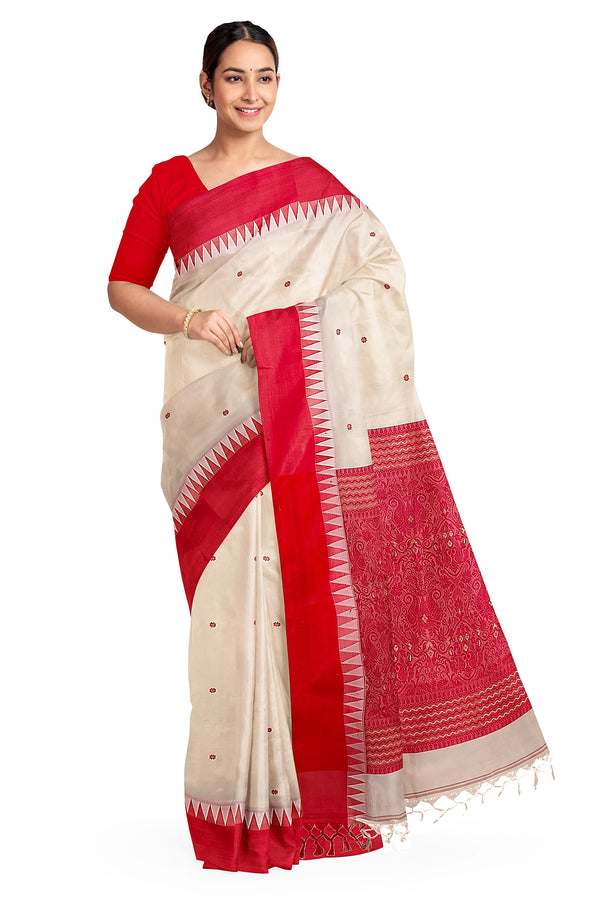White & red 'garad' silk sari Balaram Saha