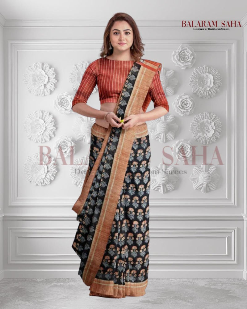 Black & Red Handloom Ghichha Tussar Printed Silk Balaram Saha