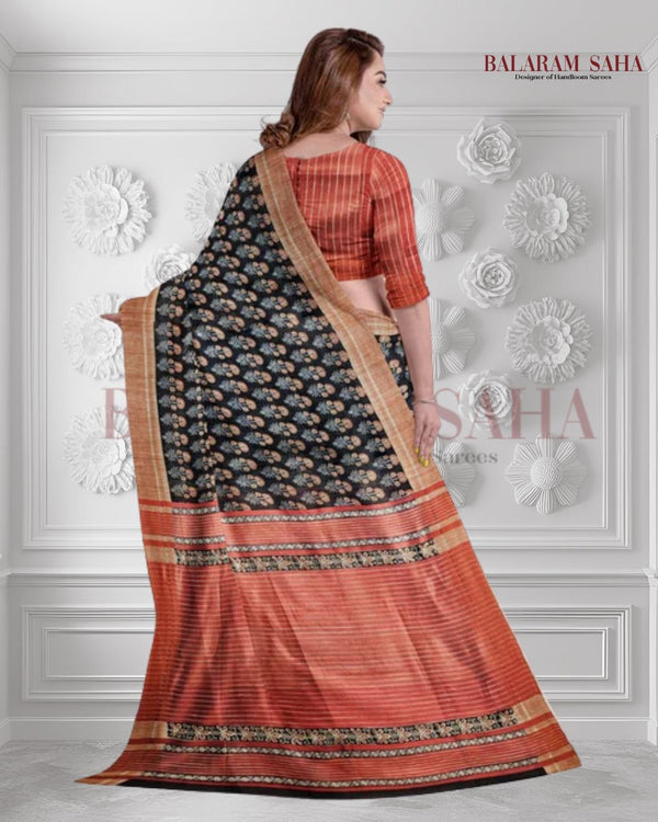 Black & Red Handloom Ghichha Tussar Printed Silk Balaram Saha