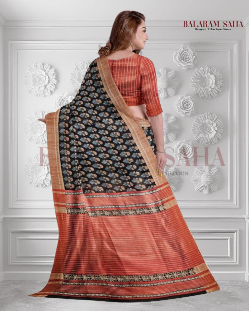Black & Red Handloom Ghichha Tussar Printed Silk Balaram Saha