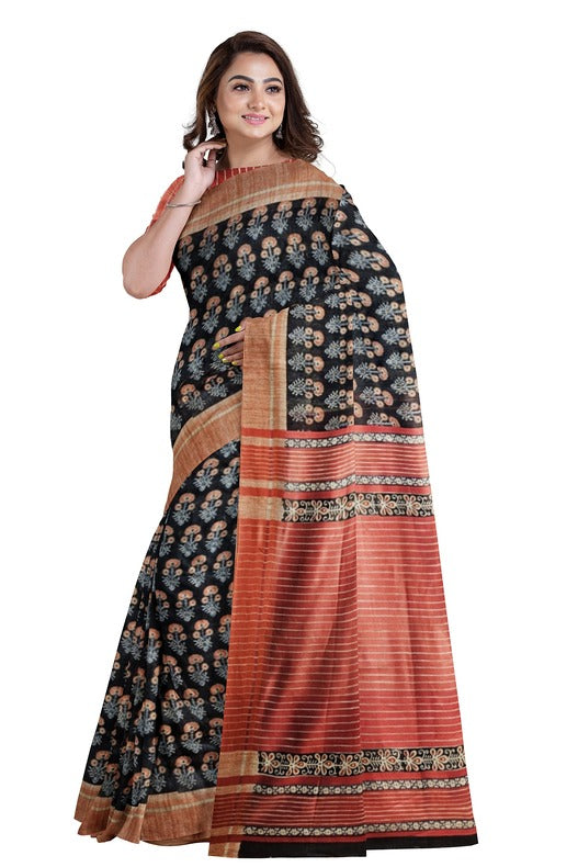 Black & Red Handloom Ghichha Tussar Printed Silk Balaram Saha