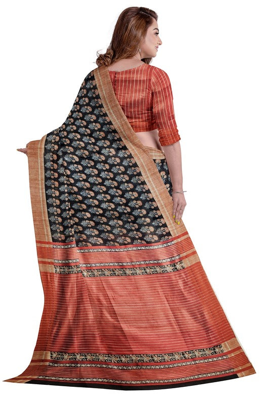 Black & Red Handloom Ghichha Tussar Printed Silk Balaram Saha