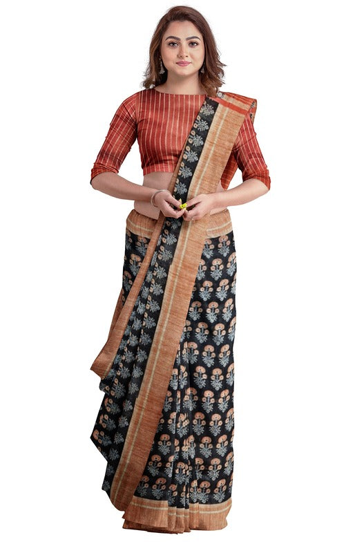 Black & Red Handloom Ghichha Tussar Printed Silk Balaram Saha