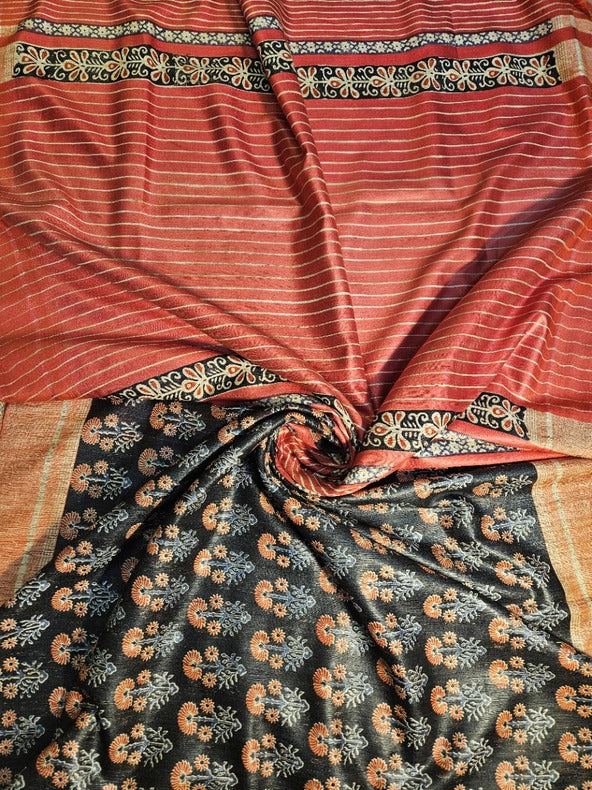 Black & Red Handloom Ghichha Tussar Printed Silk Balaram Saha