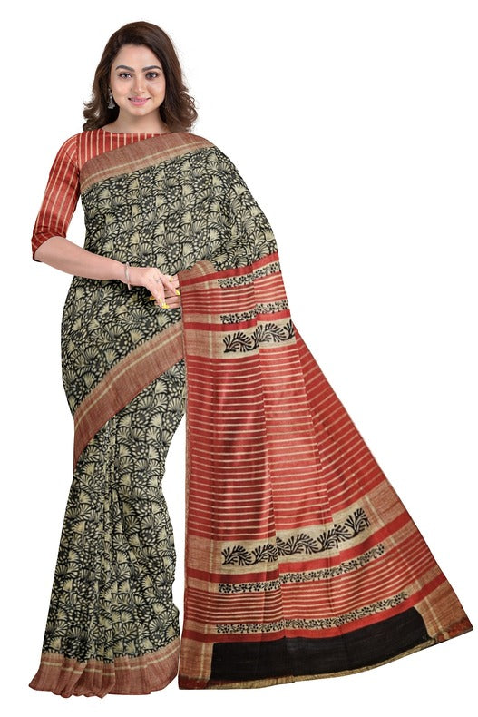 Beige & Black Handloom Ghichha Tussar Printed Silk Balaram Saha