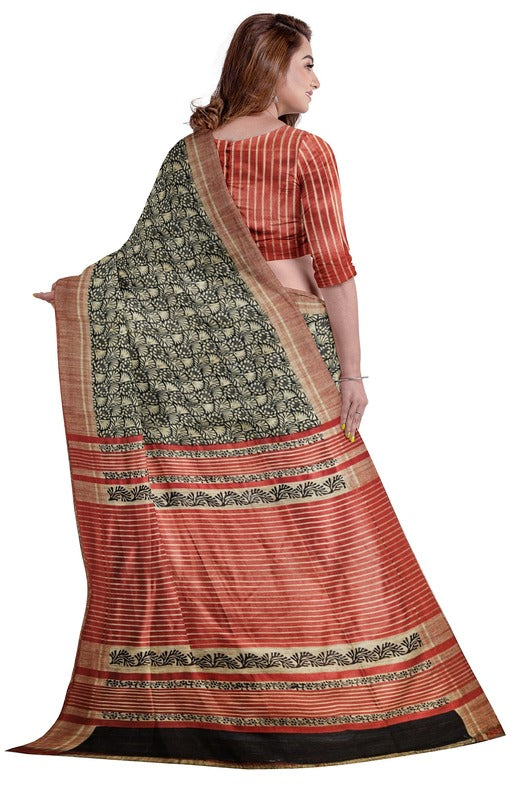 Beige & Black Handloom Ghichha Tussar Printed Silk Balaram Saha