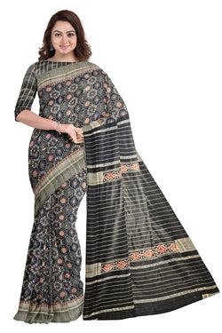 Black Color Handloom Ghichha Tussar Printed Silk Balaram Saha