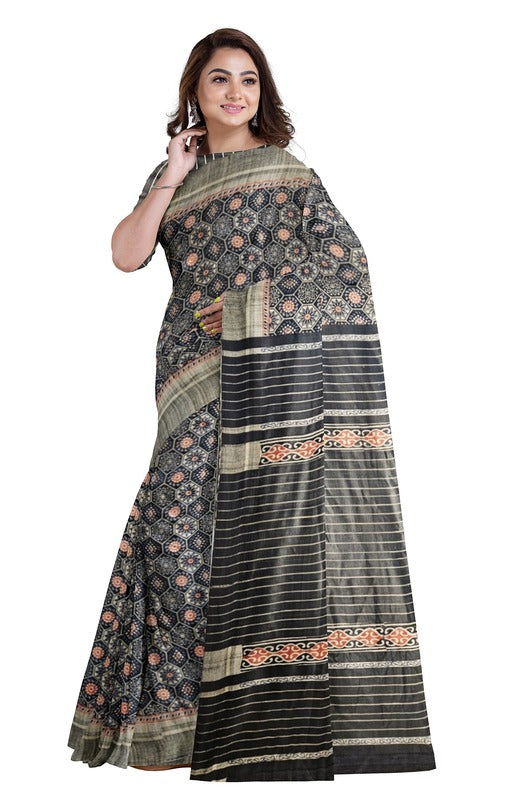 Black Color Handloom Ghichha Tussar Printed Silk Balaram Saha