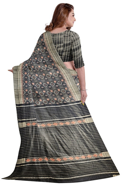 Black Color Handloom Ghichha Tussar Printed Silk Balaram Saha