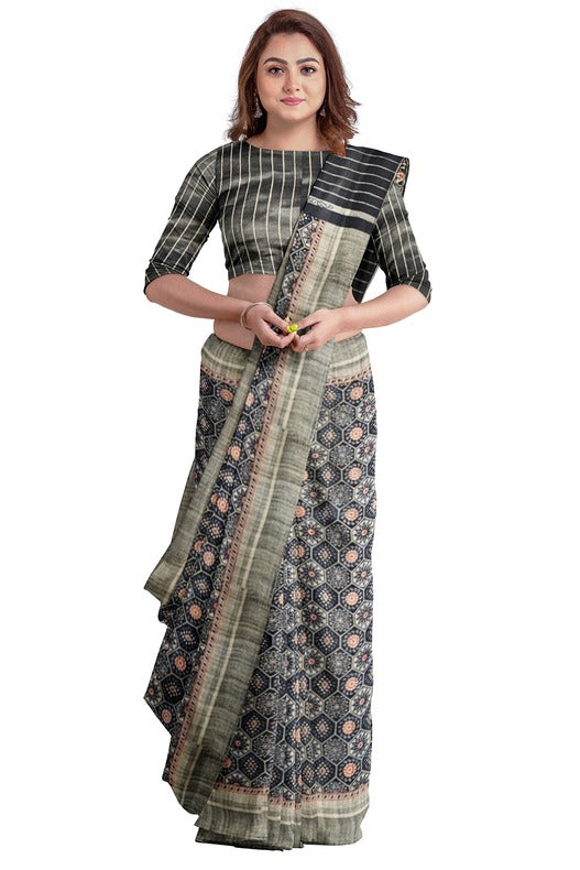 Black Color Handloom Ghichha Tussar Printed Silk Balaram Saha