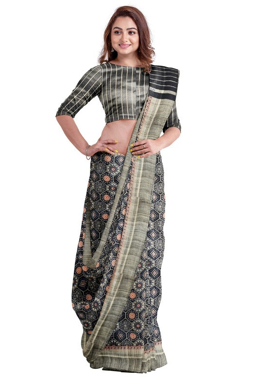 Black Color Handloom Ghichha Tussar Printed Silk Balaram Saha