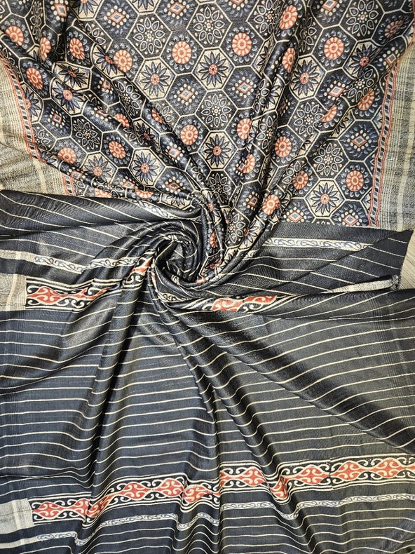 Black Color Handloom Ghichha Tussar Printed Silk Balaram Saha