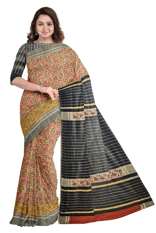 Black & Mustard Handloom Ghichha Tussar Printed Silk Balaram Saha