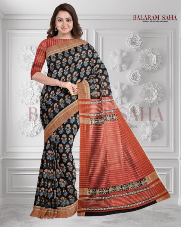 Black & Red Handloom Ghichha Tussar Printed Silk Balaram Saha