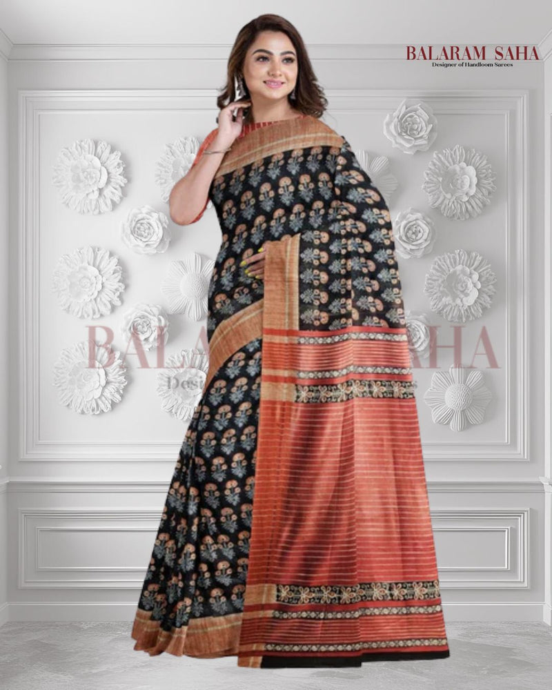Black & Red Handloom Ghichha Tussar Printed Silk Balaram Saha