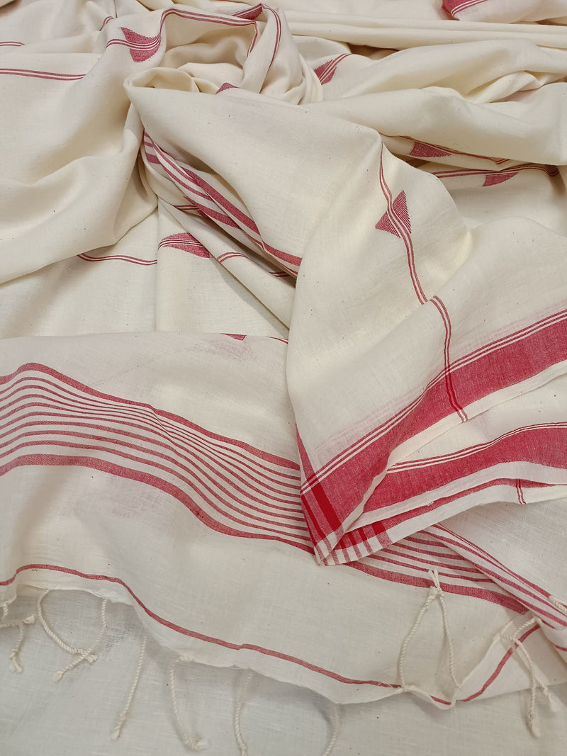 Off-White & Red Handspun  Handwoven Cotton Jamdani Saree Balaram Saha