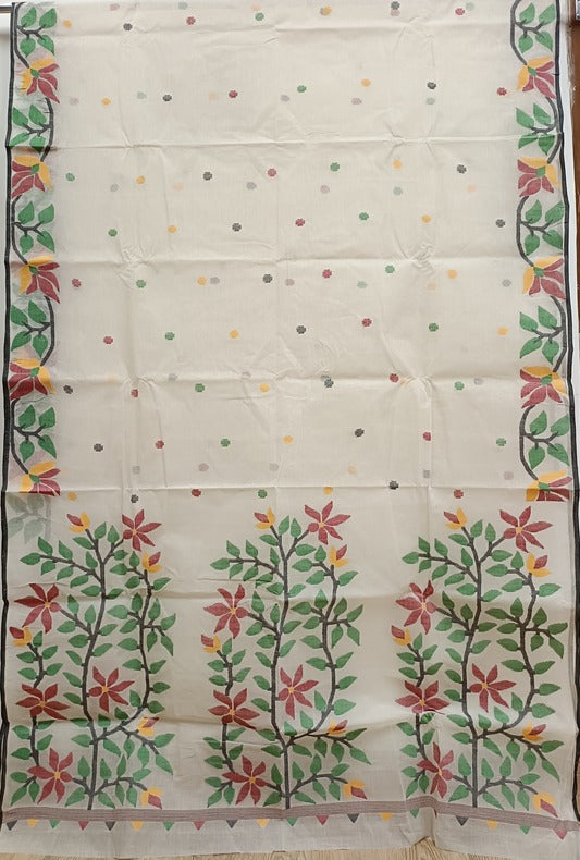 White & Multicolor Traditional Handwoven Cotton Jamdani Saree Balaram Saha