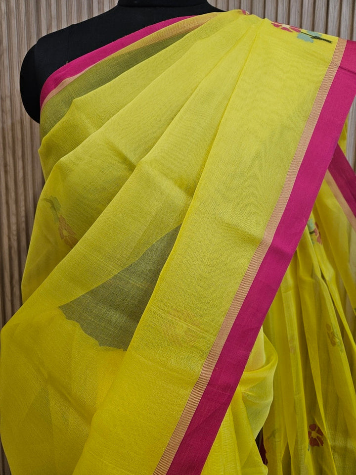 Yellow & Magenta  Handloom Muslin Silk Jamdani Saree Balaram Saha