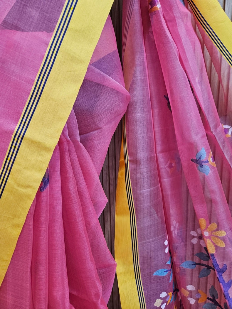 Pink & Yellow Handloom Handwoven Muslin Silk Saree Balaram Saha