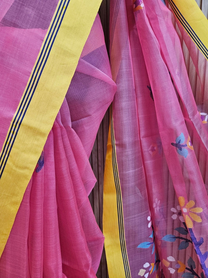 Pink & Yellow Handloom Handwoven Muslin Silk Saree Balaram Saha