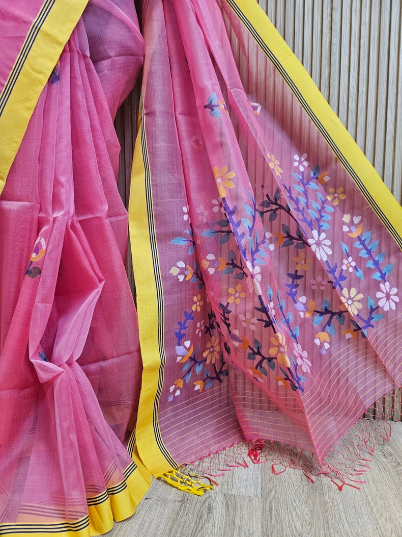 Pink & Yellow Handloom Handwoven Muslin Silk Saree Balaram Saha