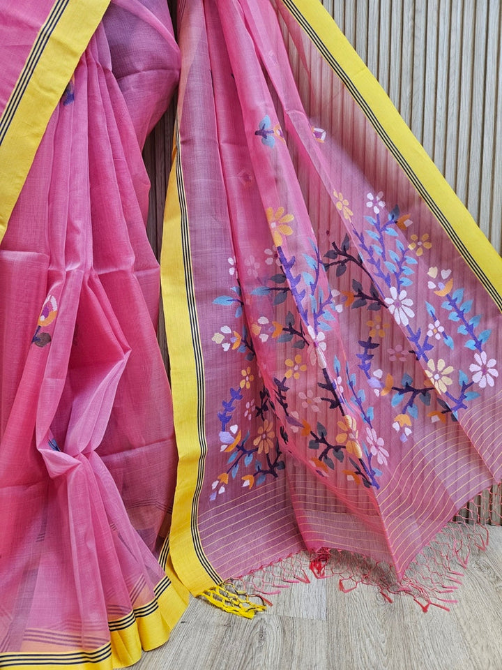 Pink & Yellow Handloom Handwoven Muslin Silk Saree Balaram Saha