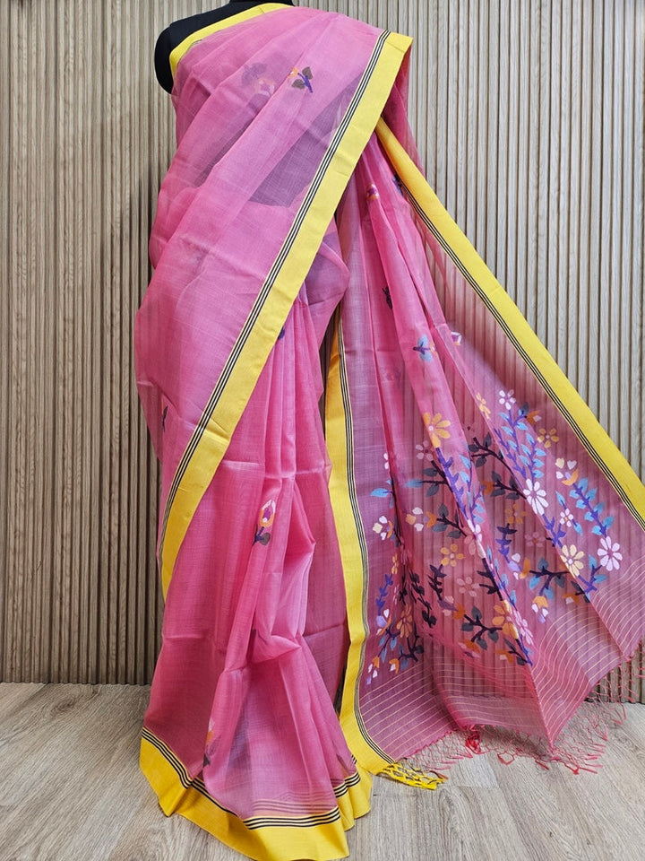Pink & Yellow Handloom Handwoven Muslin Silk Saree Balaram Saha