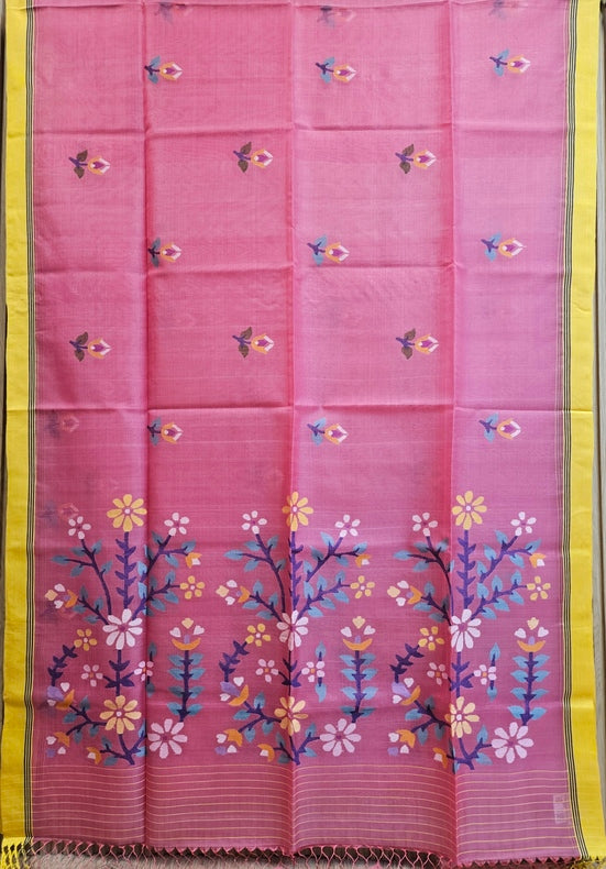 Pink & Yellow Handloom Handwoven Muslin Silk Saree Balaram Saha