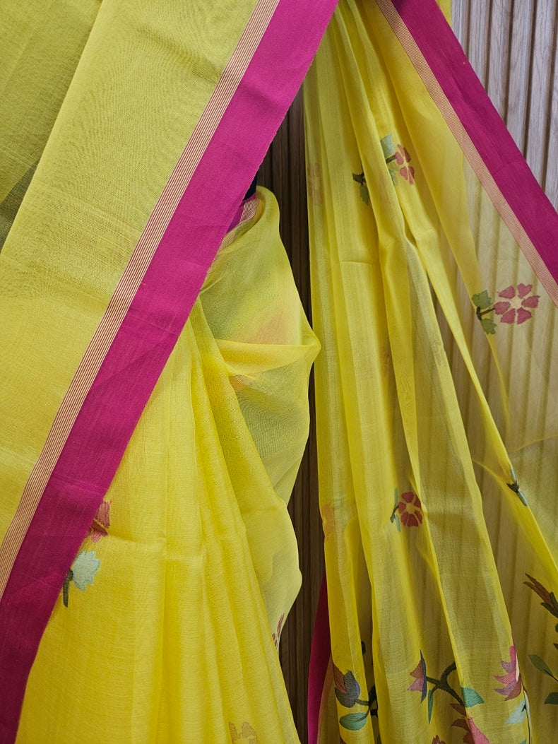 Yellow & Magenta  Handloom Muslin Silk Jamdani Saree Balaram Saha