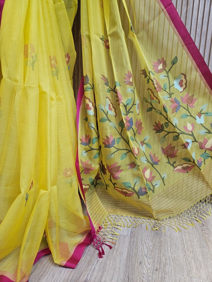Yellow & Magenta  Handloom Muslin Silk Jamdani Saree Balaram Saha