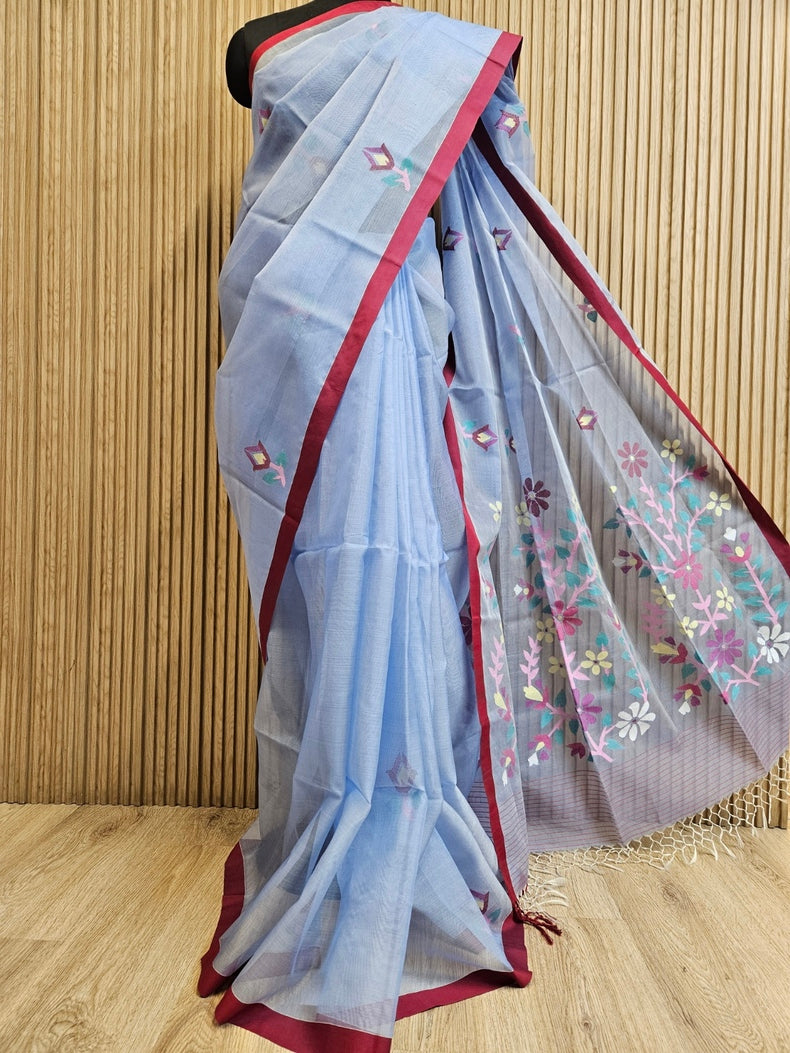 Exclusive Blue & Maroon Handloom Muslin Silk Saree by Balaram Saha Balaram Saha
