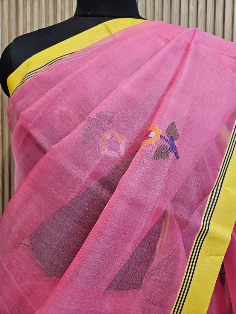 Pink & Yellow Handloom Handwoven Muslin Silk Saree Balaram Saha