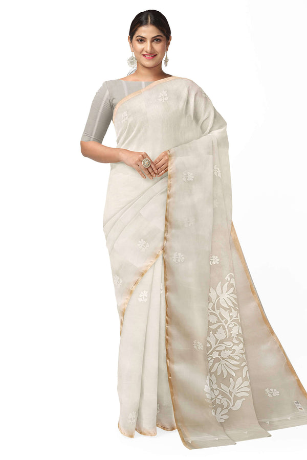 off-White and White pure Muslin Silk Handwoven Jamdani Saree Balaram Saha