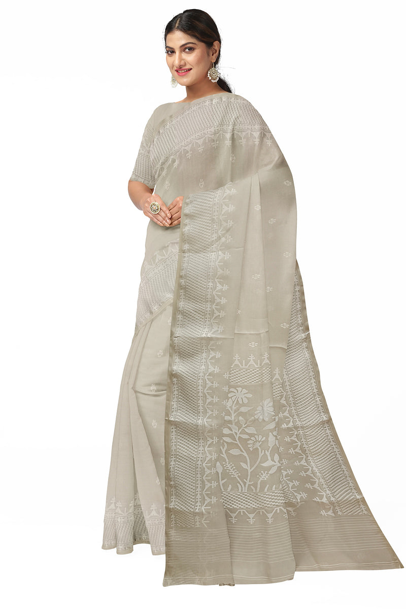 Off-White Handloom Handwoven Muslin Silk Jamdani Saree Balaram Saha