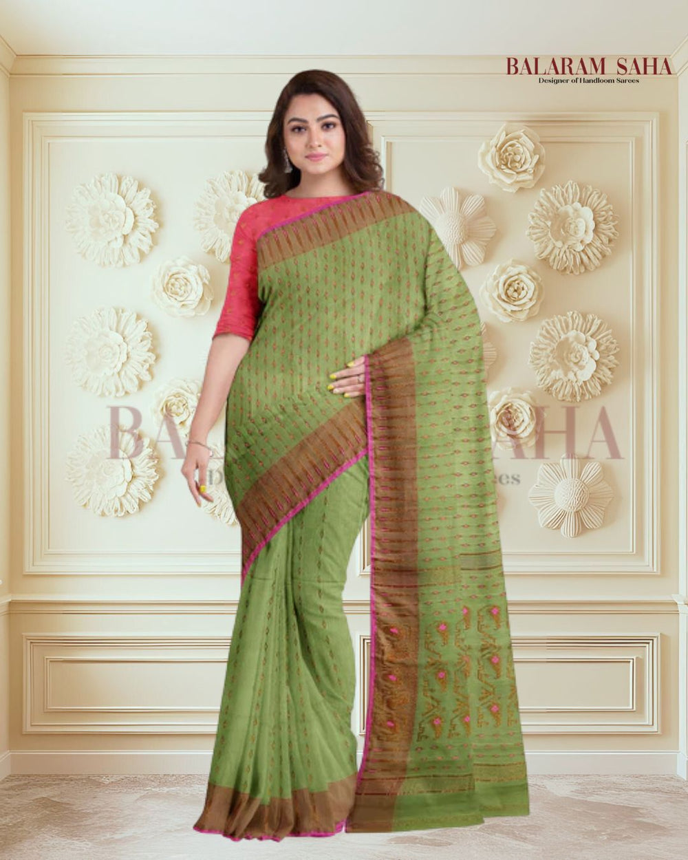 Green & Pink Soft Handloom Jacquard Weave Dhakai Saree Balaram Saha