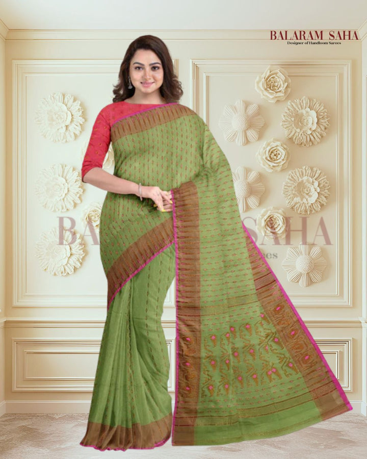 Green & Pink Soft Handloom Jacquard Weave Dhakai Saree Balaram Saha