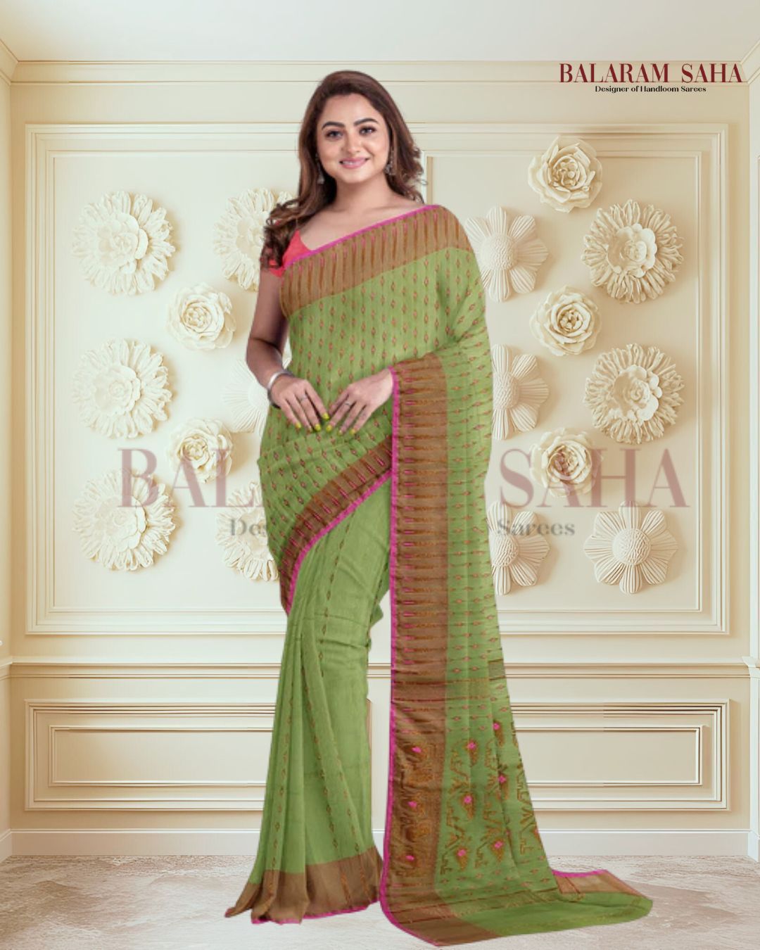 Green & Pink Soft Handloom Jacquard Weave Dhakai Saree Balaram Saha
