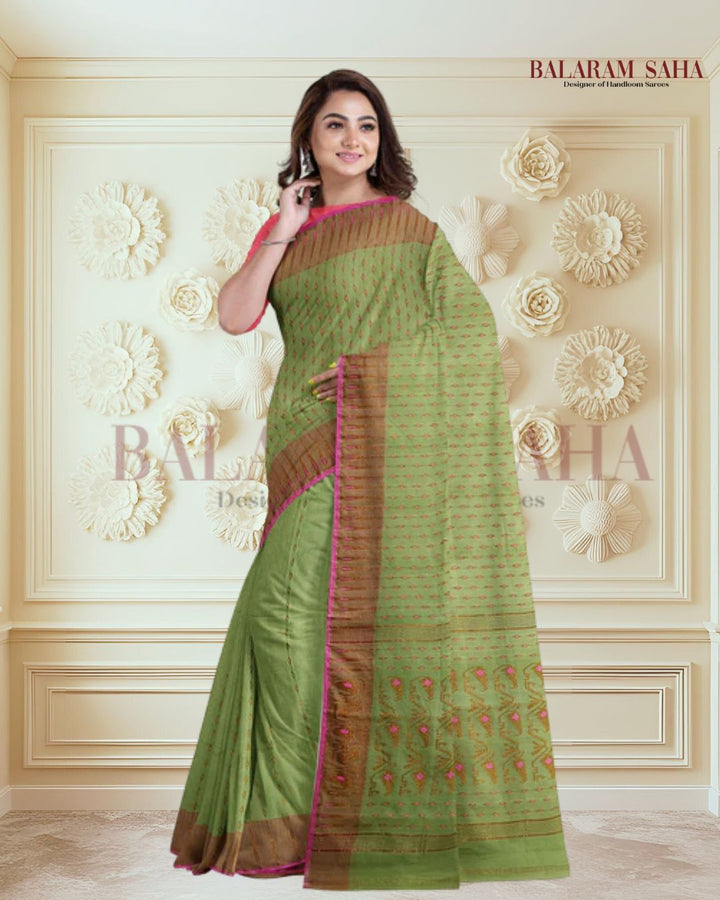 Green & Pink Soft Handloom Jacquard Weave Dhakai Saree Balaram Saha