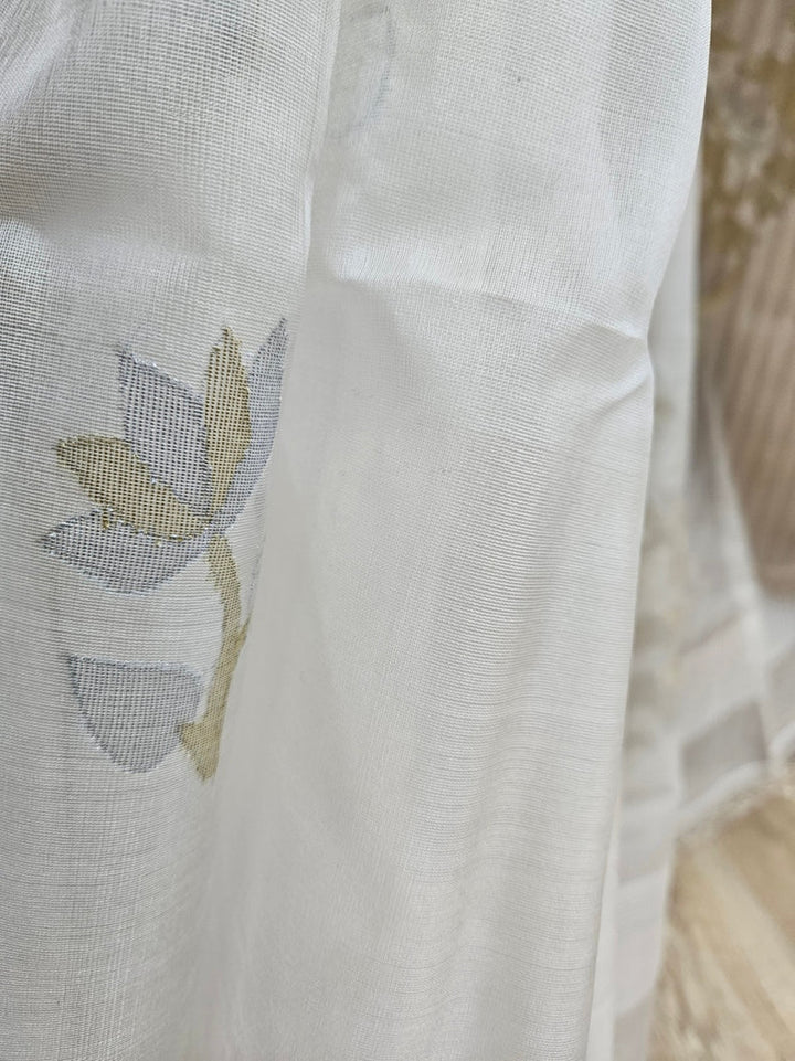 Off-White & Pink Handwoven Muslin Silk Jamdani Saree With Pink Contrast Plain Border Balaram Saha