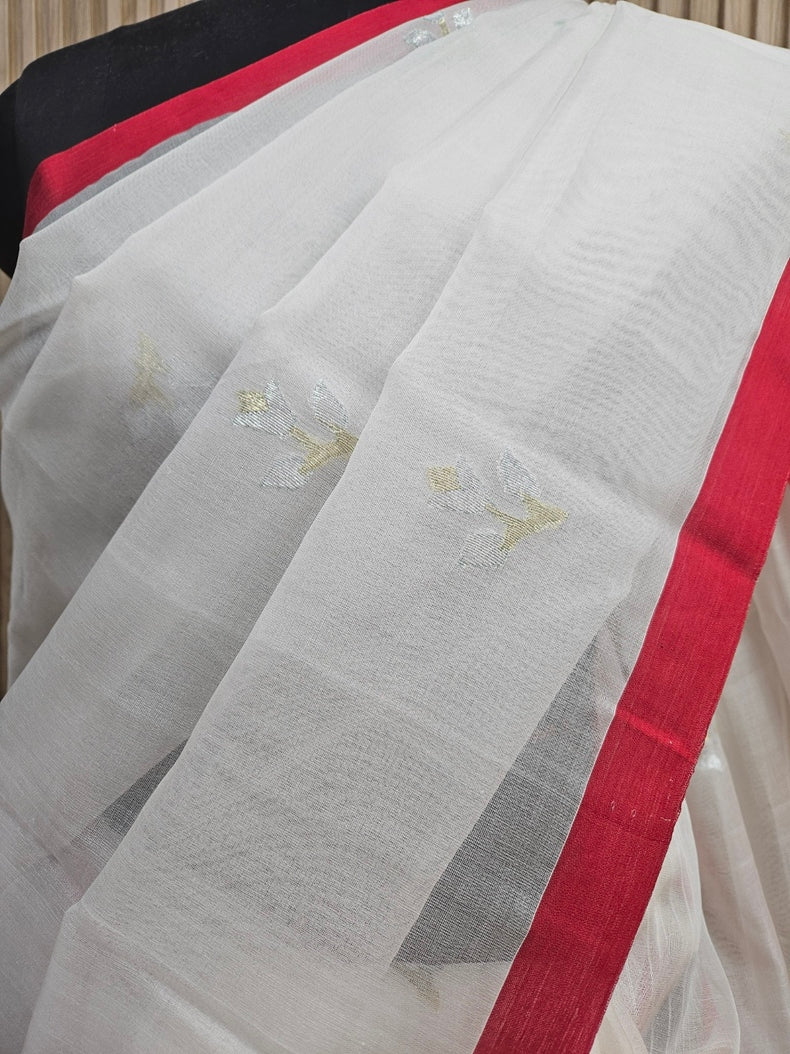 Off-White & Red Handwoven Muslin Silk Jamdani Saree With Red Contrast Border Balaram Saha