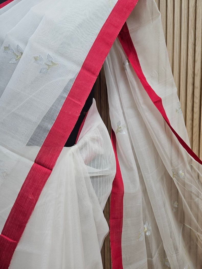 Off-White & Red Handwoven Muslin Silk Jamdani Saree With Red Contrast Border Balaram Saha