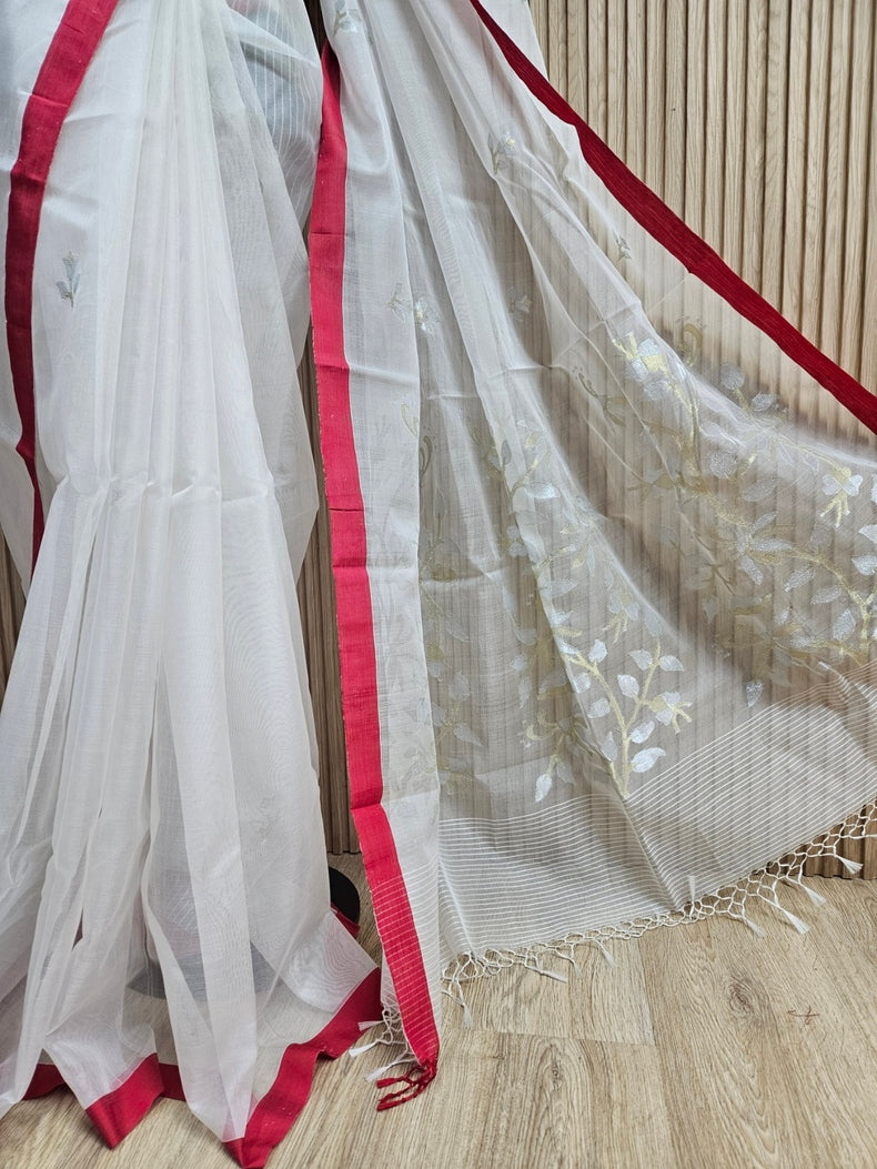 Off-White & Red Handwoven Muslin Silk Jamdani Saree With Red Contrast Border Balaram Saha