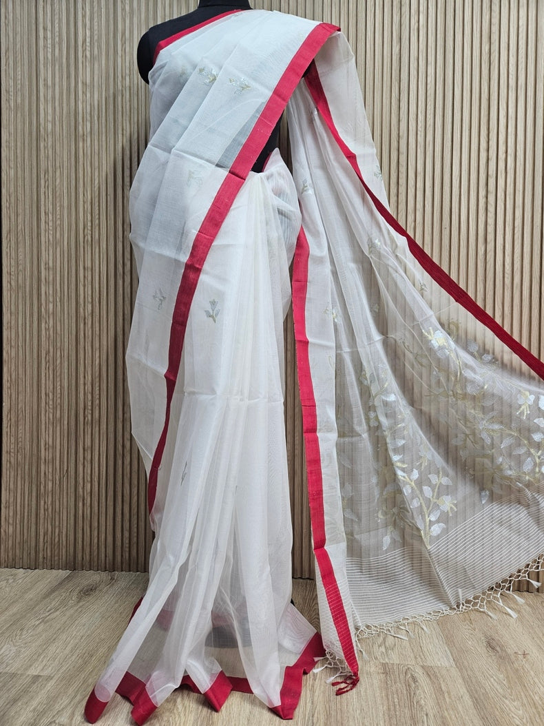 Off-White & Red Handwoven Muslin Silk Jamdani Saree With Red Contrast Border Balaram Saha