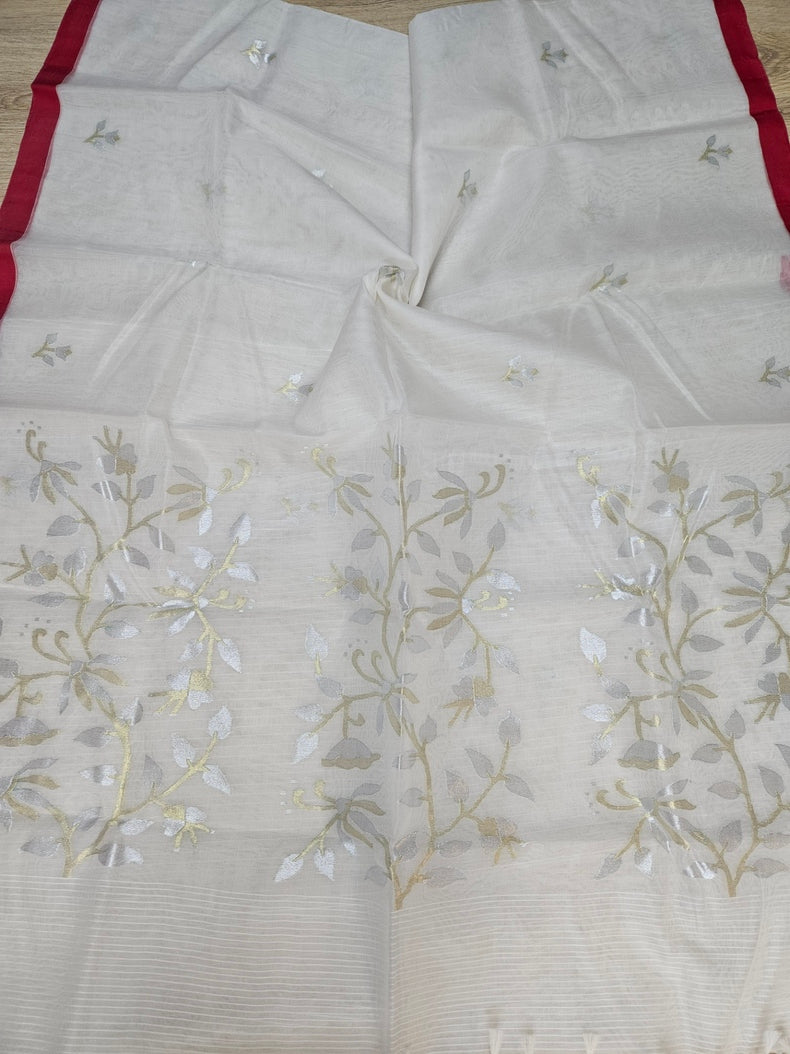 Off-White & Red Handwoven Muslin Silk Jamdani Saree With Red Contrast Border Balaram Saha