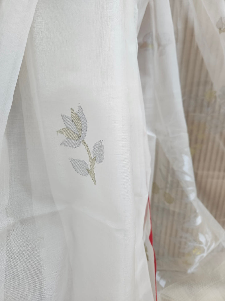 Off-White & Red Handwoven Muslin Silk Jamdani Saree With Red Contrast Border Balaram Saha