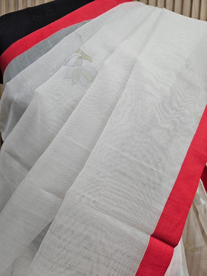 Off-White & Red Handwoven Muslin Silk Jamdani Saree With Red Contrast Plain Border Balaram Saha