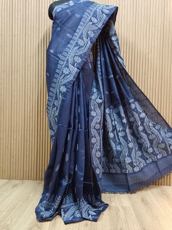 Indigo & White Handloom Tussar Silk Saree with Traditional Jamdani Weave Balaram Saha
